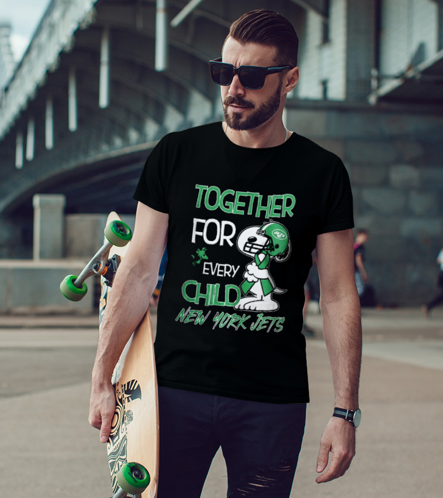 New York Jets Snoopy Woodstock Together For Every Child Football Helmet Green Ribbon T-Shirt