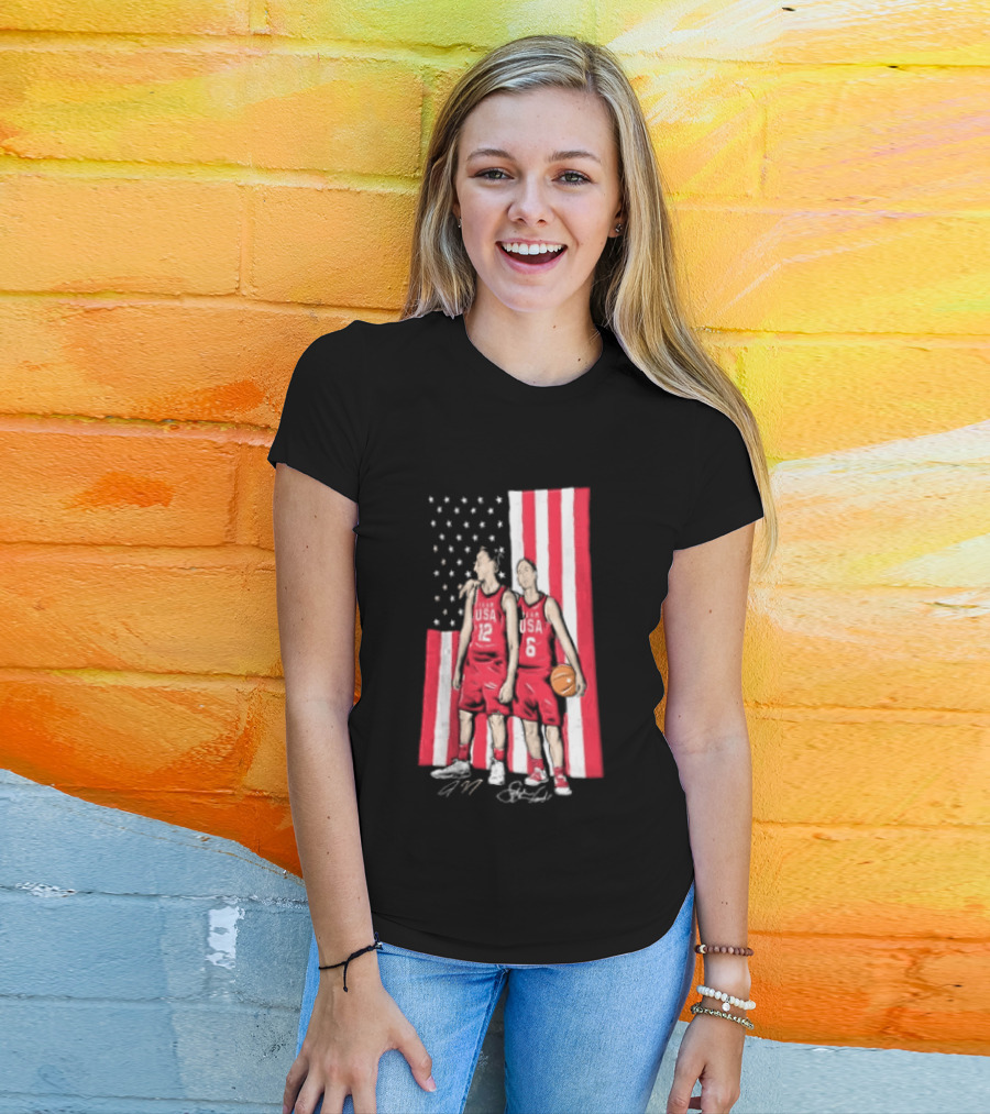 Sue Bird Diana Taurasi USA Basketball American Flag Signatures T-Shirt