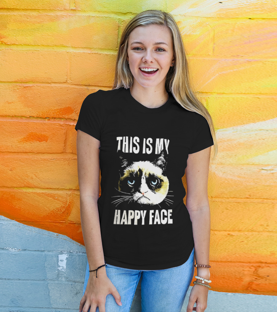 This Is My Happy Face Grumpy Cat Blue Eyes Frowning T-Shirt