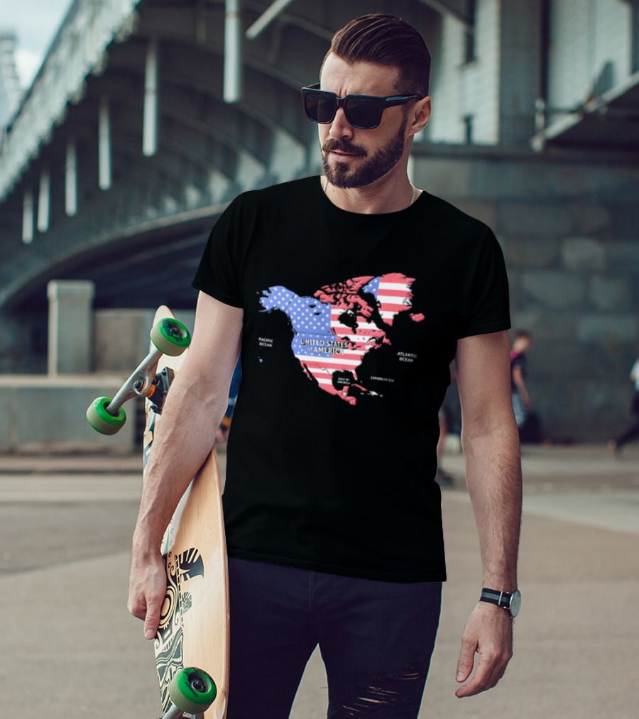 United States American Flag Map Of North America Featuring USA Canada Mexico Greenland T-Shirt