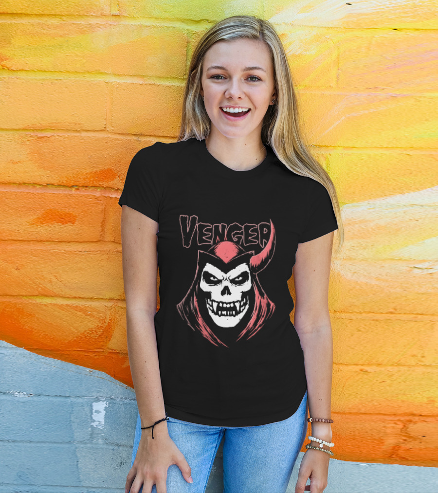 Venger Distressed Red Hooded Skull Face One Horned Demon T-Shirt