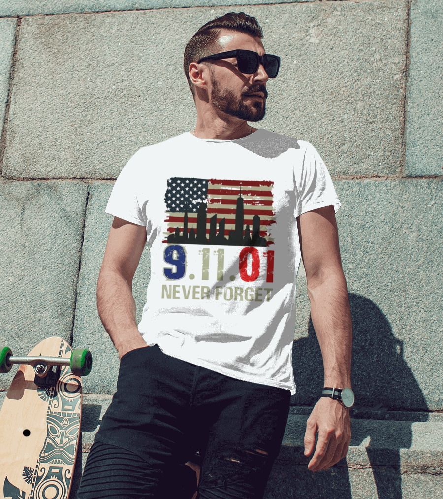 9.11.01 Never Forget American Flag Skyline Memorial Patriot 9 11 T-Shirt