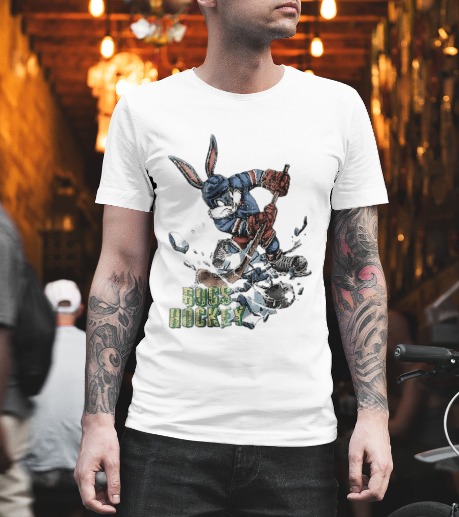 Bugs Hockey Cartoon Bunny Cracking Ice Puck Shot Distressed T-Shirt