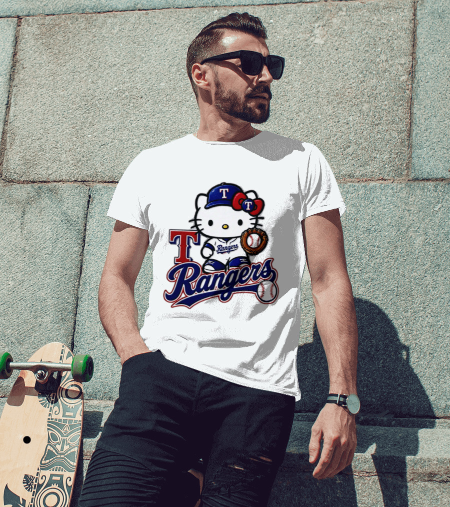 Hello Kitty Texas Rangers Baseball 2026 MLB Rangers Logo With Baseball Glove And Cap T-Shirt