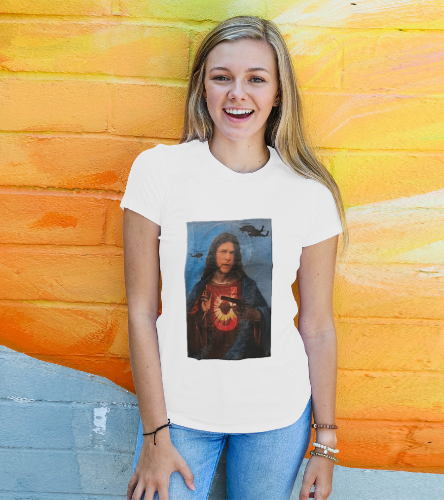 Jesus With Handgun And Military Helicopters Halo T-Shirt