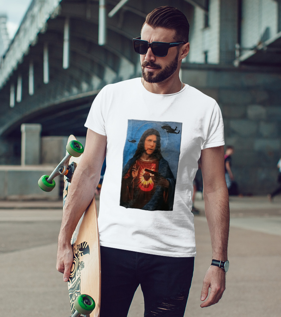 Jesus With Handgun And Military Helicopters Halo T-Shirt