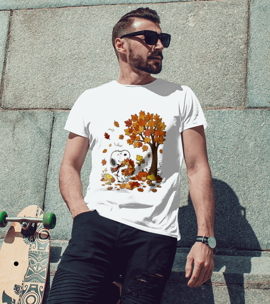 Snoopy Woodstock Autumn Leaves Pumpkin Fall Season Vibes T-Shirt