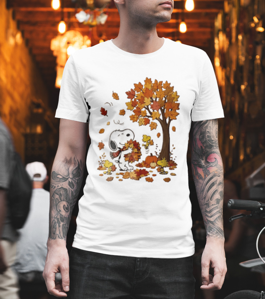 Snoopy Woodstock Autumn Leaves Pumpkin Fall Season Vibes T-Shirt
