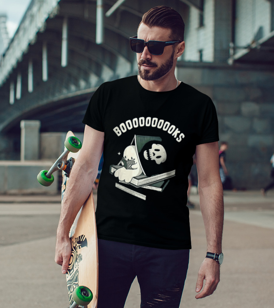 Boooooooooks Cartoon Ghost Reading Novel With Skeleton Specter T-Shirt