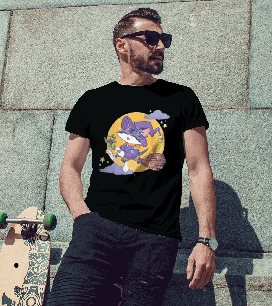 Halftone Cartoon Cat Witch Flying On Broomstick With Moon And Stars T-Shirt