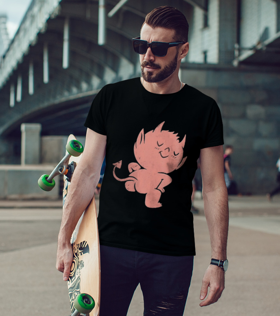 Mischievous Little Red Devil Cartoon Mooning With Distressed Texture T-Shirt