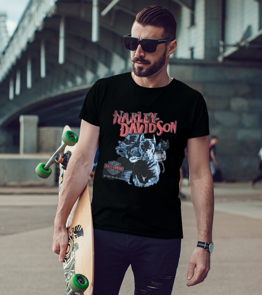 Harley Davidson My Way Or The Highway Dog Holding Piston Cycles T-Shirt