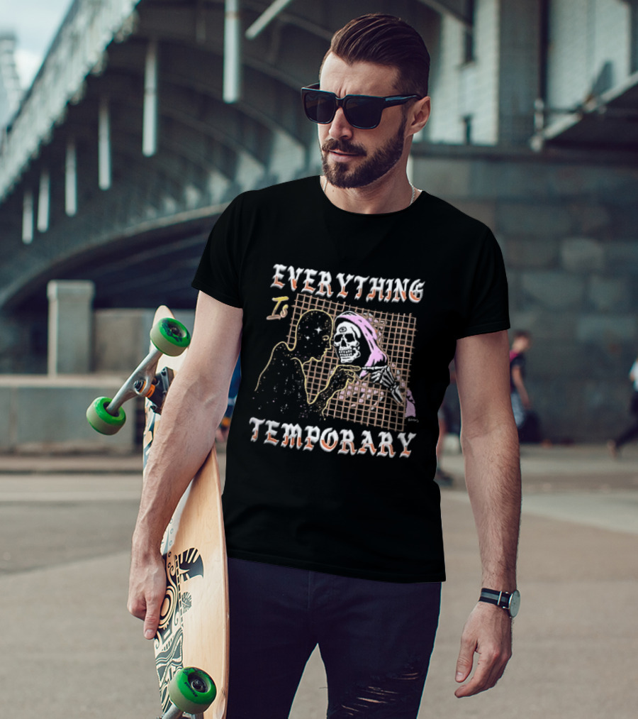 Everything Is Temporary Cosmic Skeleton Touching Fingers Grid T-Shirt