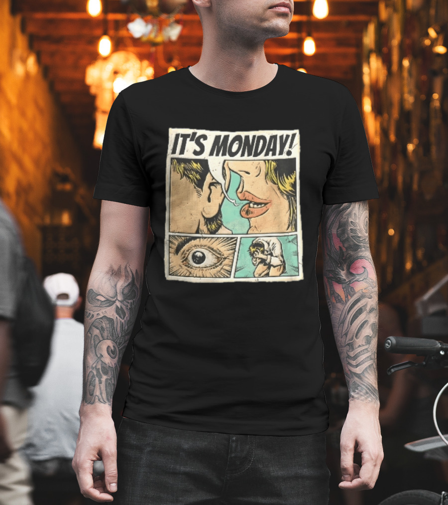 Its Monday Comic Strip Pop Art Woman Whispering Man Crying Vintage Halftone T-Shirt