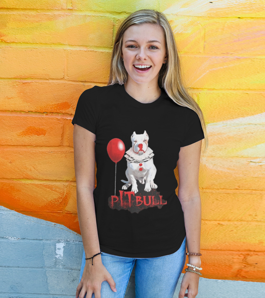 Pitbull Dog Pennywise Clown Red Balloon Distressed White T-Shirt