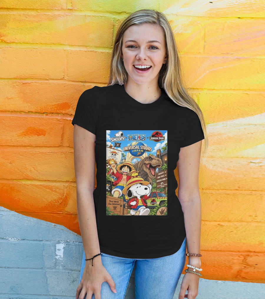Snoopy One Piece Jurassic Park Universal Studios Japan Three Worlds One Adventure T-Shirt