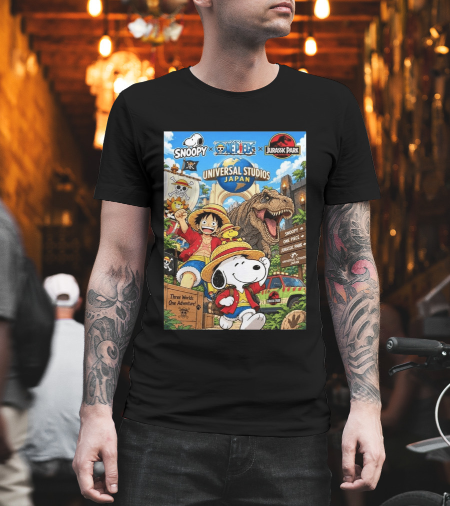 Snoopy One Piece Jurassic Park Universal Studios Japan Three Worlds One Adventure T-Shirt