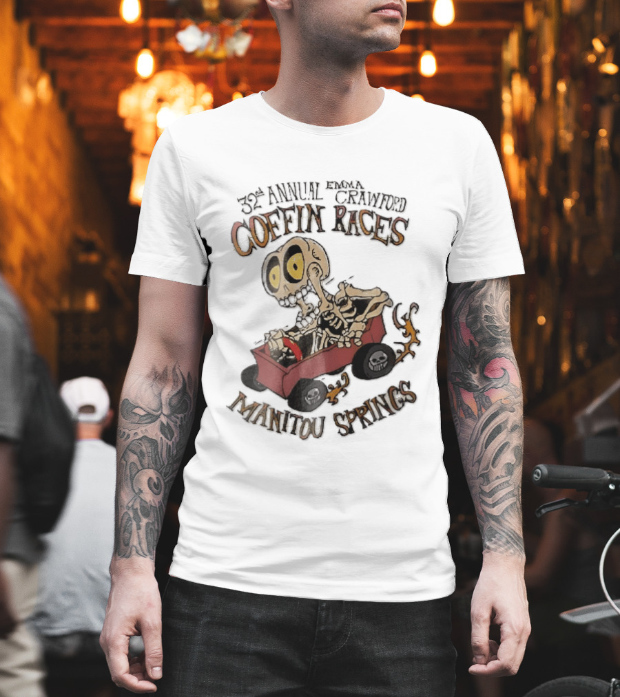 32nd Annual Emma Crawford Coffin Races Manitou Springs Cartoon Skeleton Racing Go Kart Flames T-Shirt