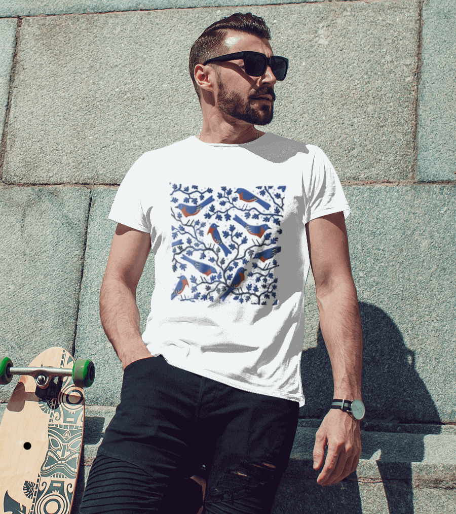 Eastern Bluebirds Perched On Flowering Tree Branches T-Shirt