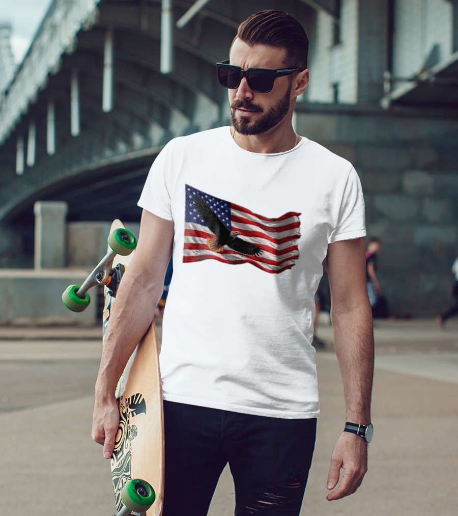 Bald Eagle Soaring Over Distressed American Flag Patriotic T-Shirt