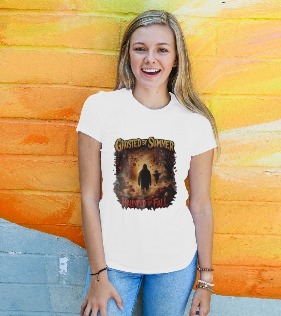 Ghosted By Summer Haunted By Fall Hooded Figure Autumn Orchard Scarecrow Pumpkins T-Shirt