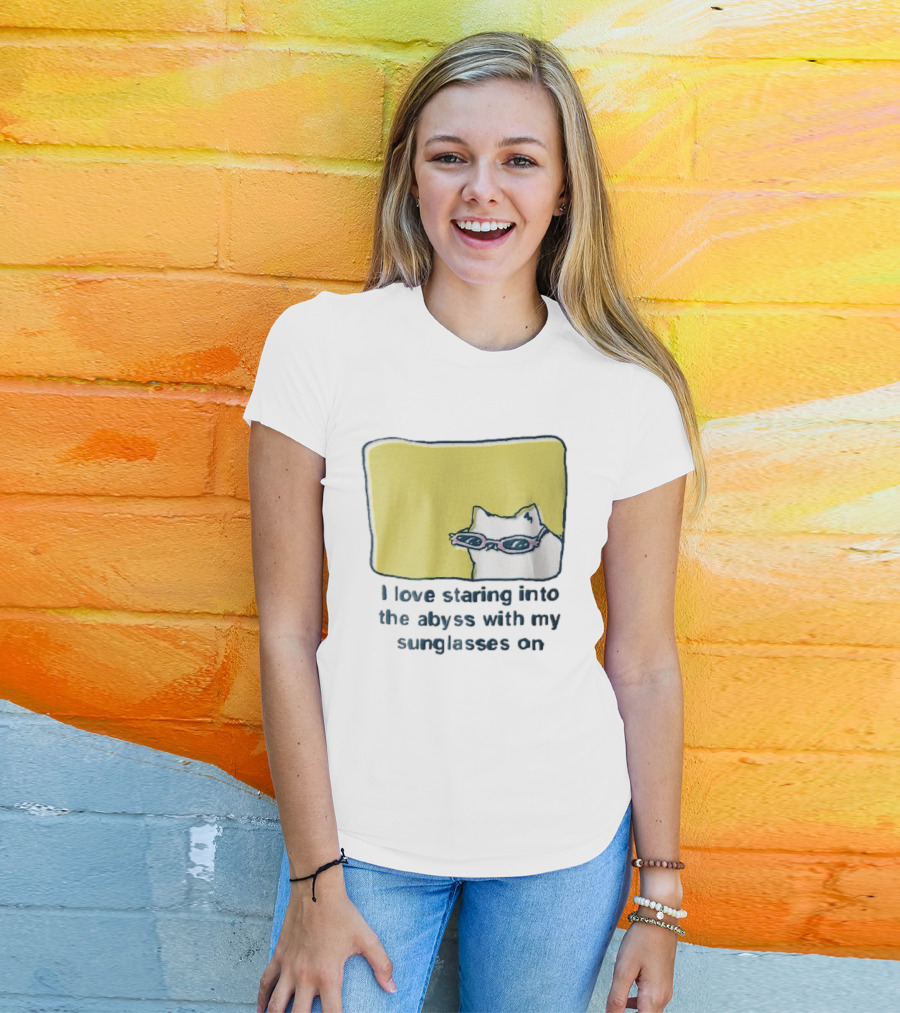 I Love Staring Into The Abyss With My Sunglasses On White Cat Pink Glasses Popcornpunk Cartoon T-Shirt