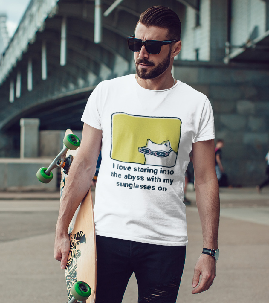 I Love Staring Into The Abyss With My Sunglasses On White Cat Pink Glasses Popcornpunk Cartoon T-Shirt
