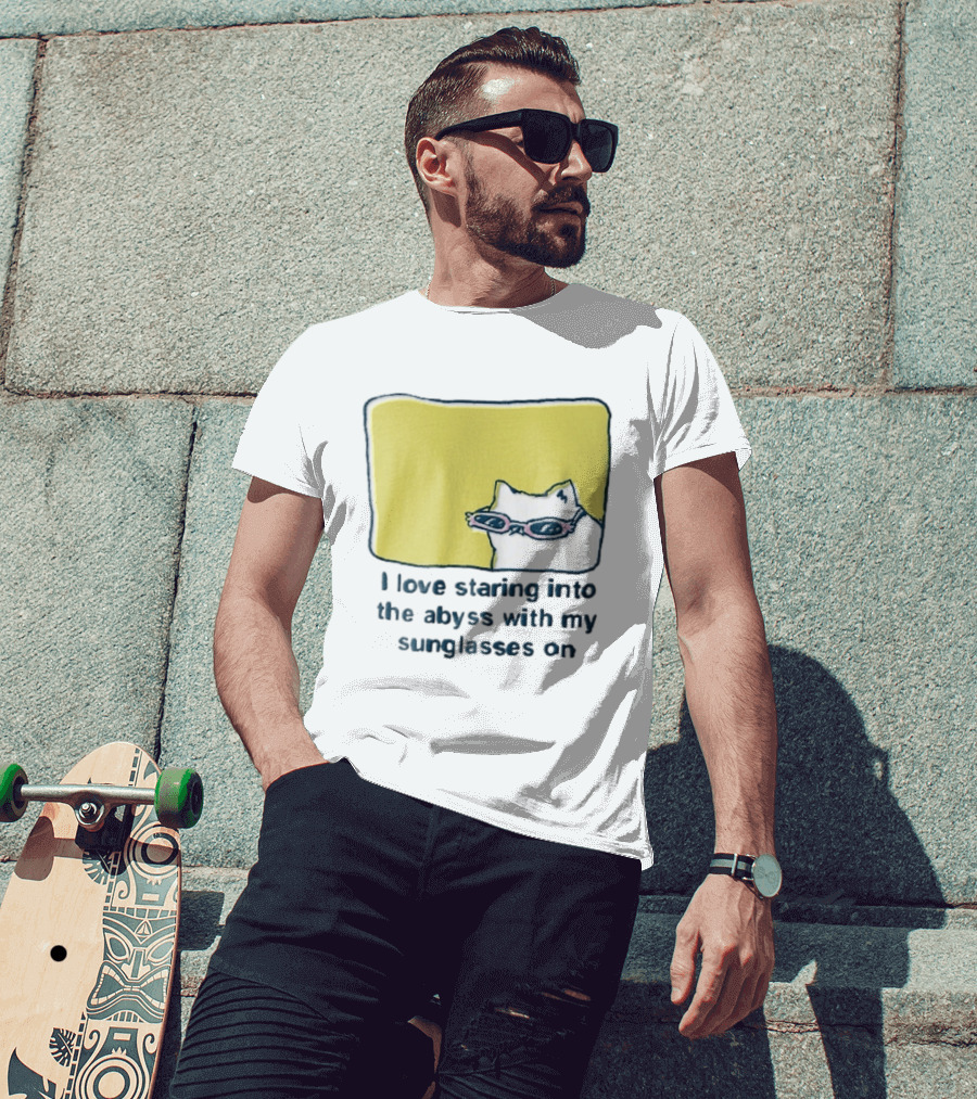 I Love Staring Into The Abyss With My Sunglasses On White Cat Pink Glasses Popcornpunk Cartoon T-Shirt