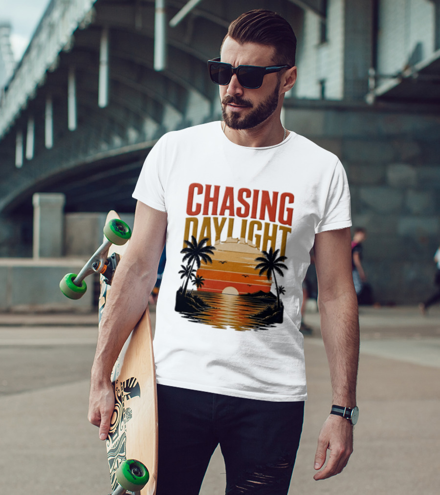 Chasing Daylight Tropical Beach Sunset Scene With Palms And Ocean Waves T-Shirt