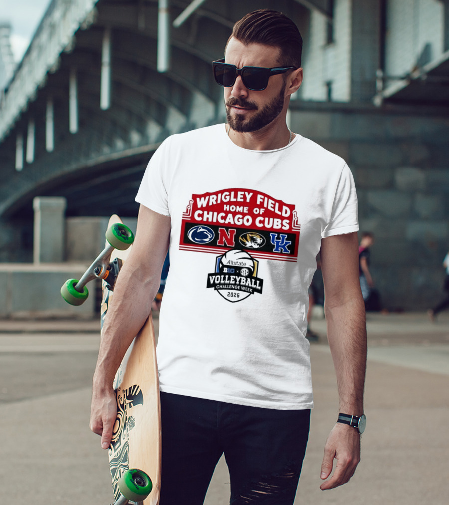 Wrigley Field Chicago Cubs Allstate 2026 Volleyball Challenge Week Penn State Nebraska Missouri Kentucky Logos T-Shirt