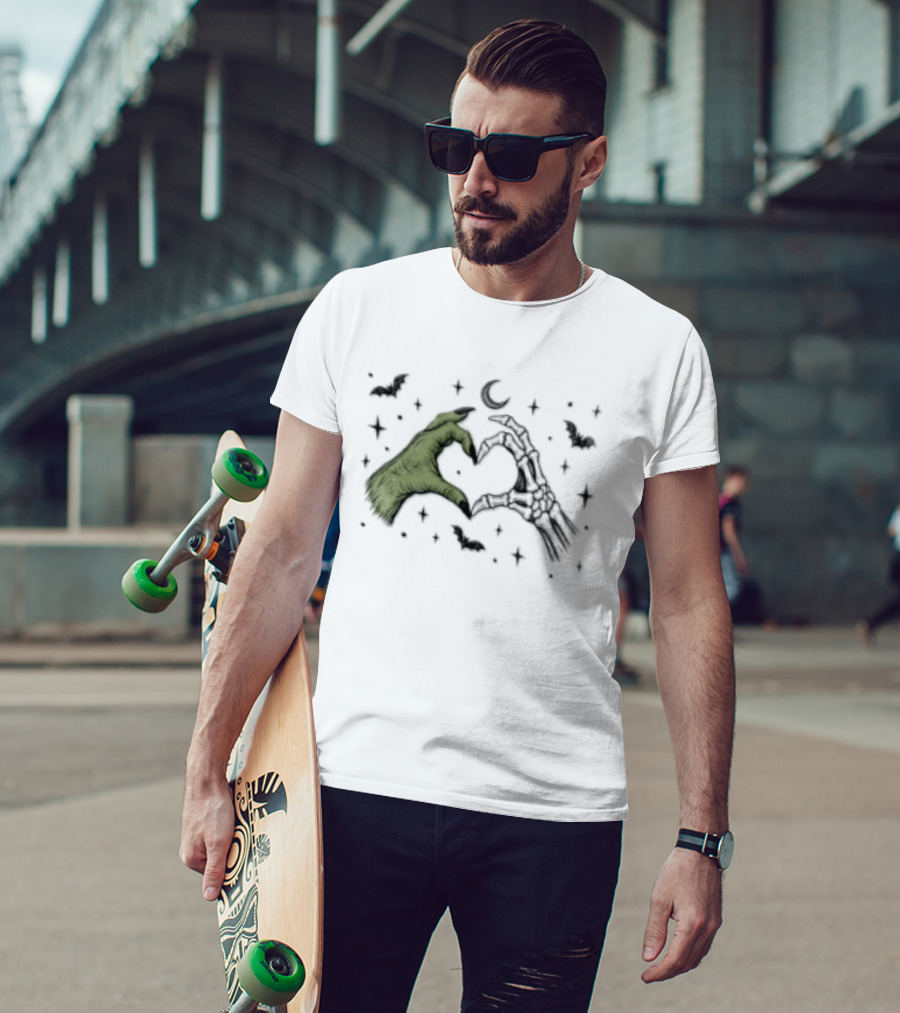 Witch Hand Skeleton Bone Heart Halloween Bats And Moon T-Shirt