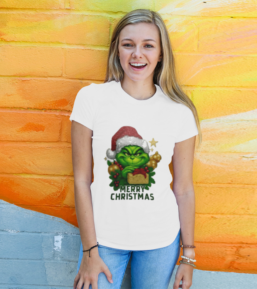 Merry Christmas Grinch Santa Claus Hat Gold Present Pine Branches T-Shirt
