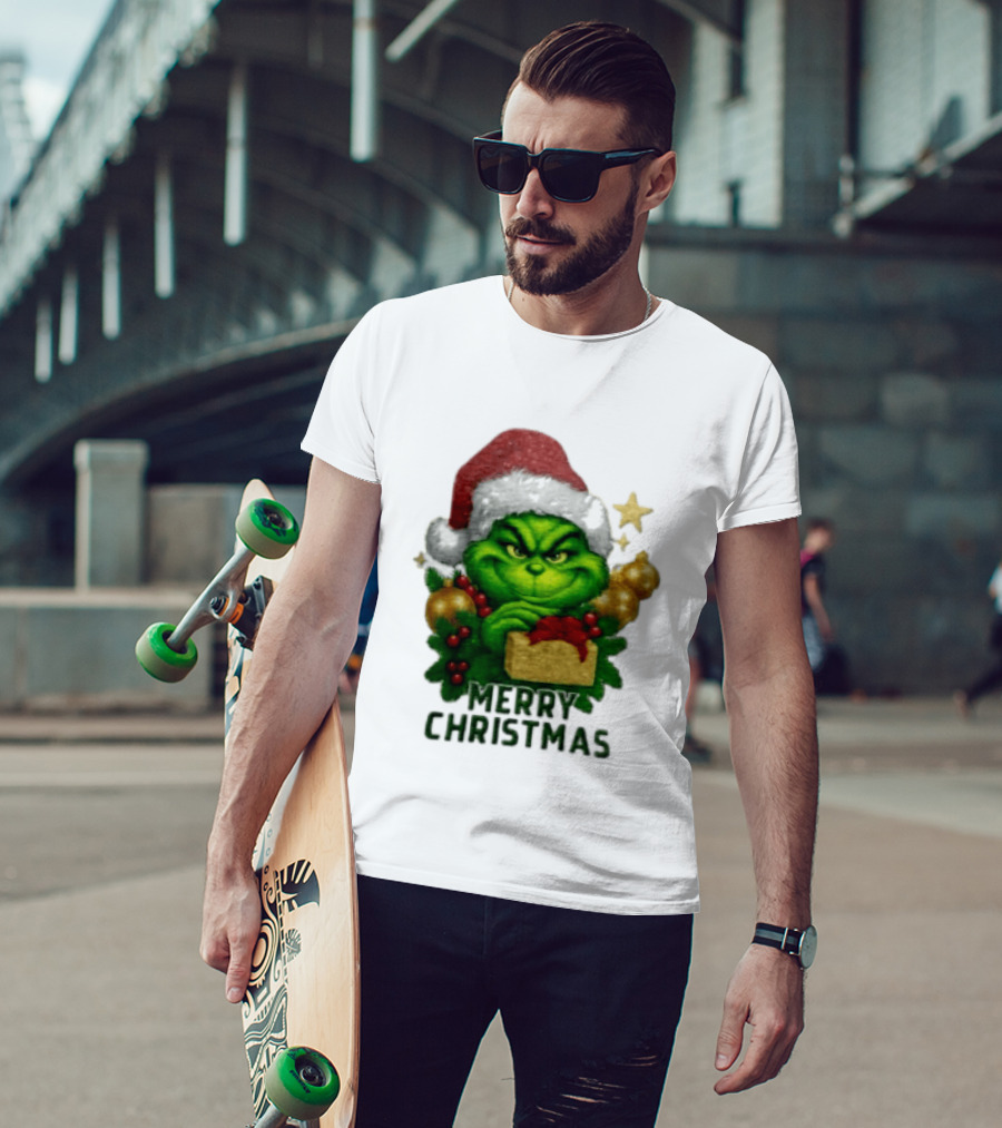 Merry Christmas Grinch Santa Claus Hat Gold Present Pine Branches T-Shirt
