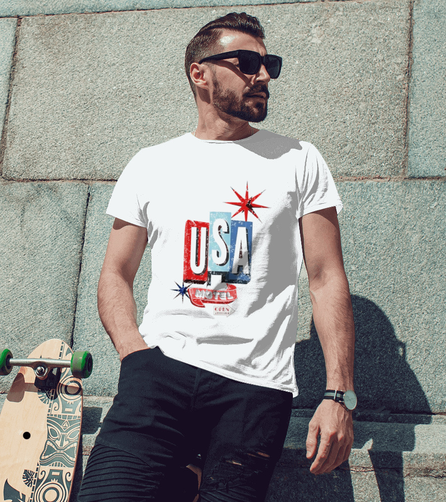 USA Motel Open 24 Hours Retro Sign With Stars T-Shirt