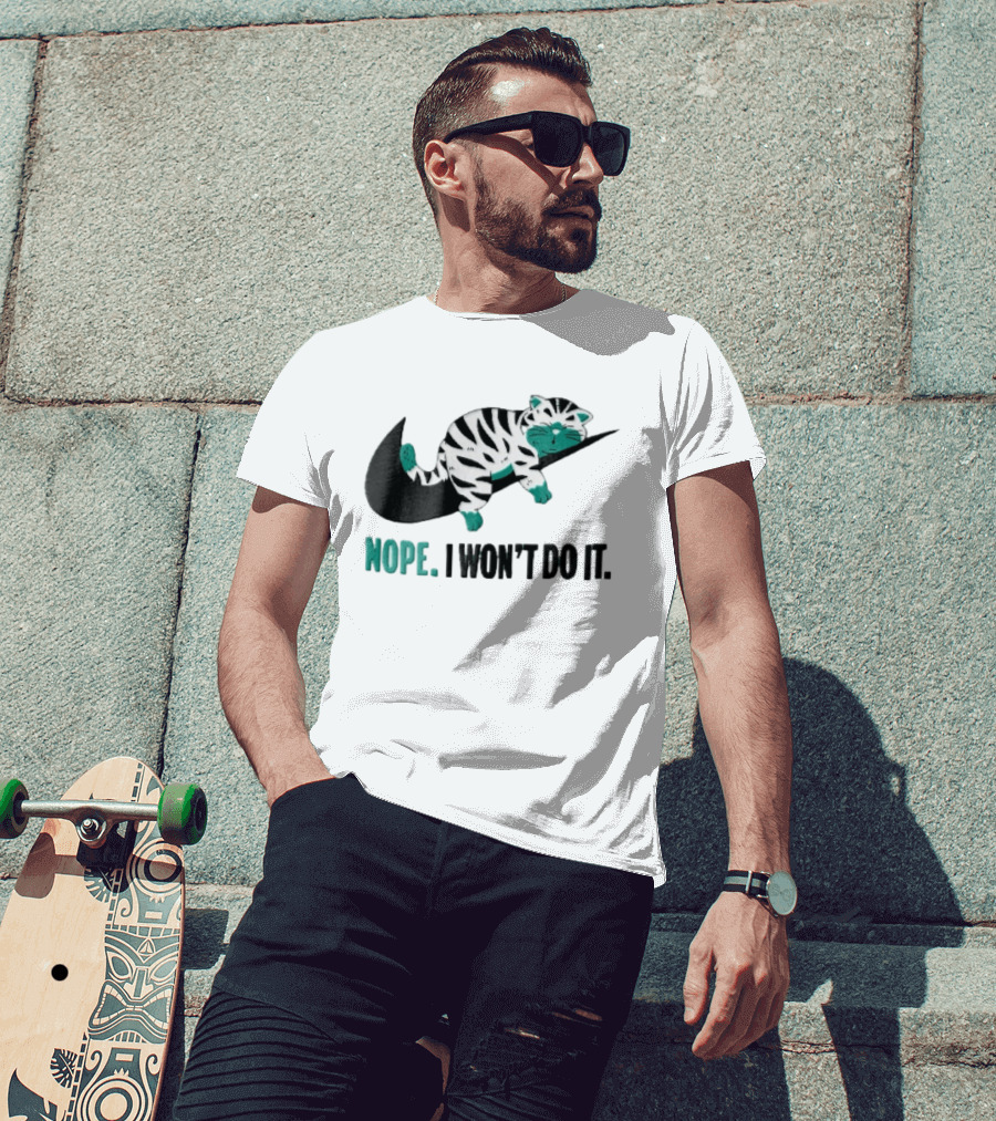 Nope I Won't Do It Cartoon Lazy Striped Cat Sleeping On Swoosh T-Shirt