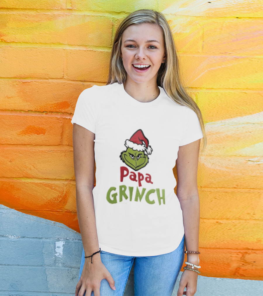 Papa Grinch Santa Claus Hat Green Face Cartoon T-Shirt