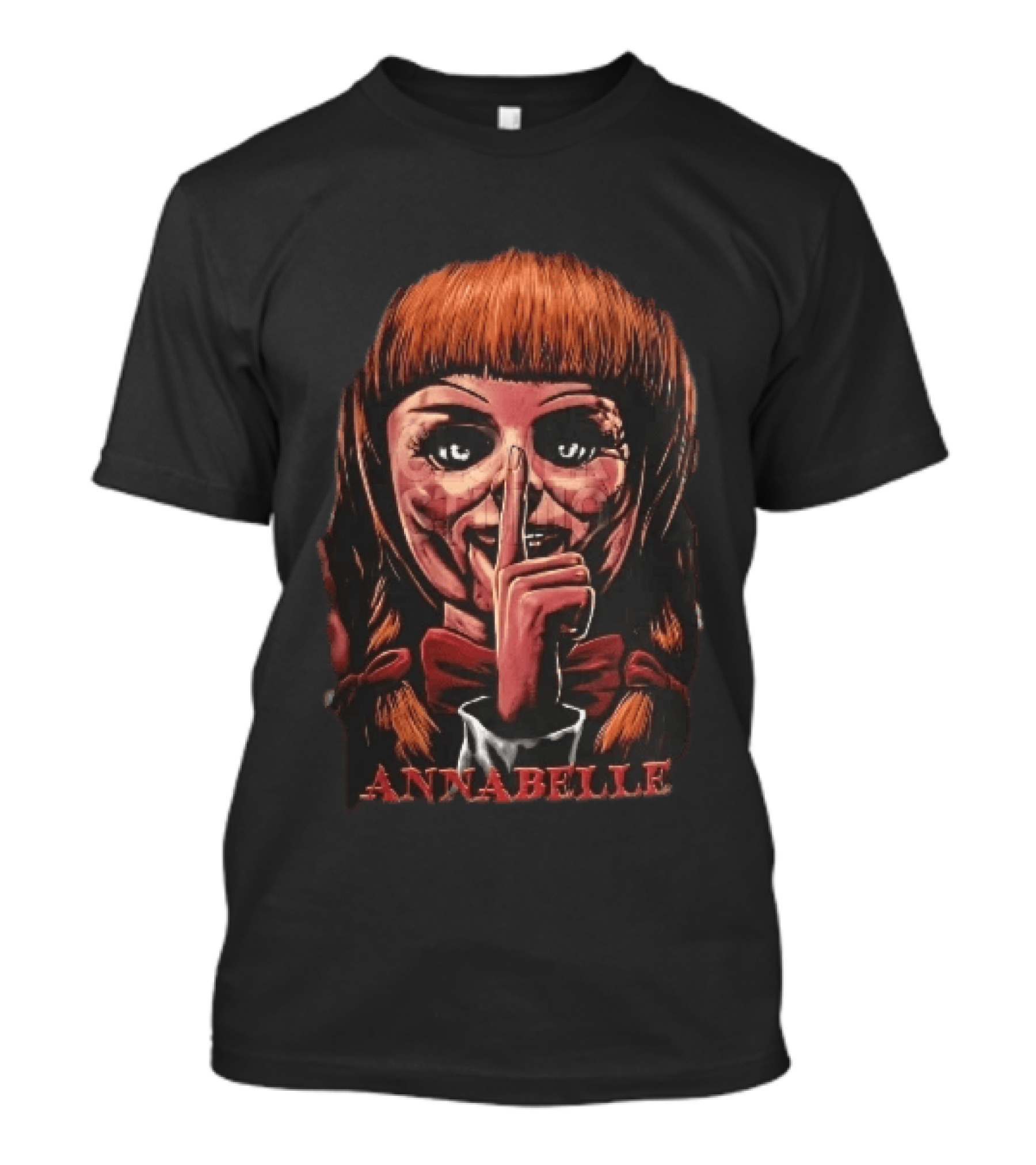Annabelle Horror Doll Shushing Finger Red Bow Tie Eerie Doll Face T-Shirt