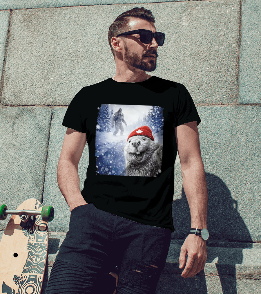 Beaver Selfie With Sasquatch In Snowy Canadian Forest T-Shirt