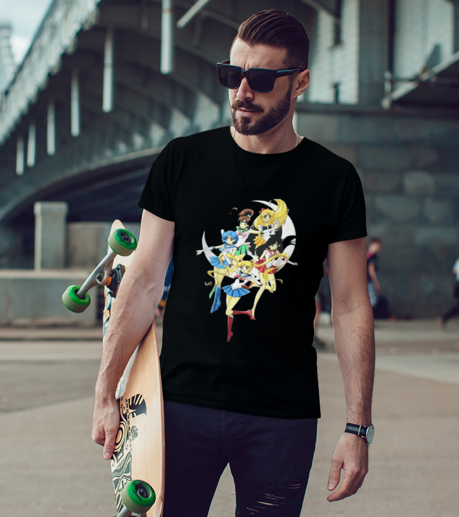 Sailor Moon Crescent Five Guardians Distressed Cartoon T-Shirt
