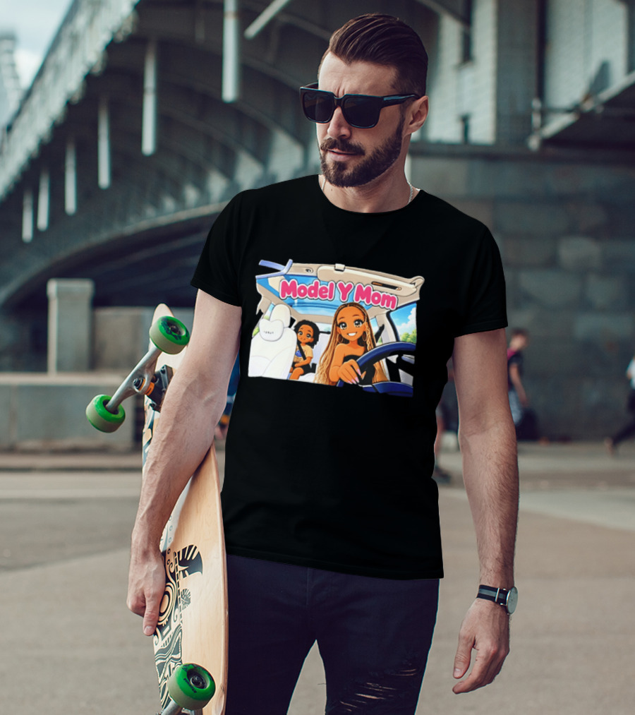 Model Y Mom Cartoon Driving Scene In Tesla T-Shirt