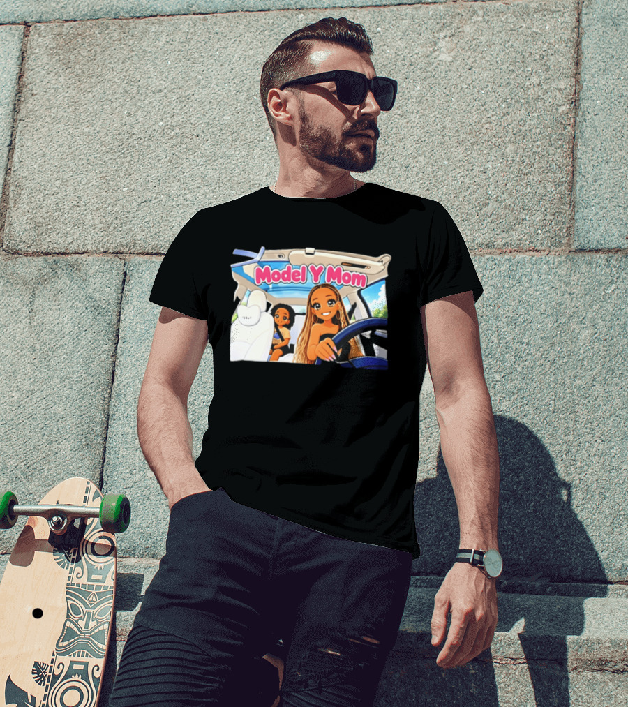 Model Y Mom Cartoon Driving Scene In Tesla T-Shirt
