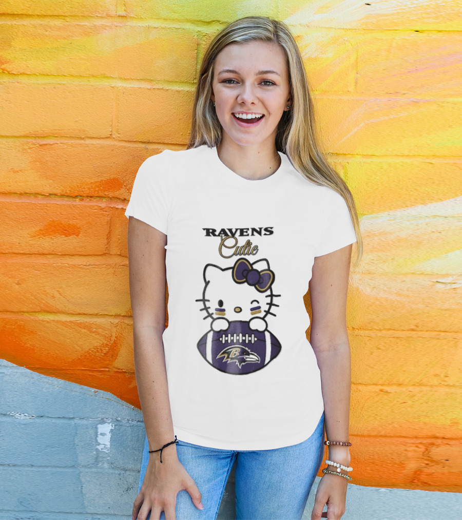Ravens Cutie Hello Kitty Winking Holding Football T-Shirt