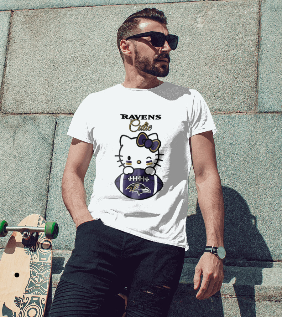 Ravens Cutie Hello Kitty Winking Holding Football T-Shirt