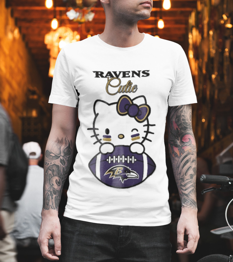 Ravens Cutie Hello Kitty Winking Holding Football T-Shirt