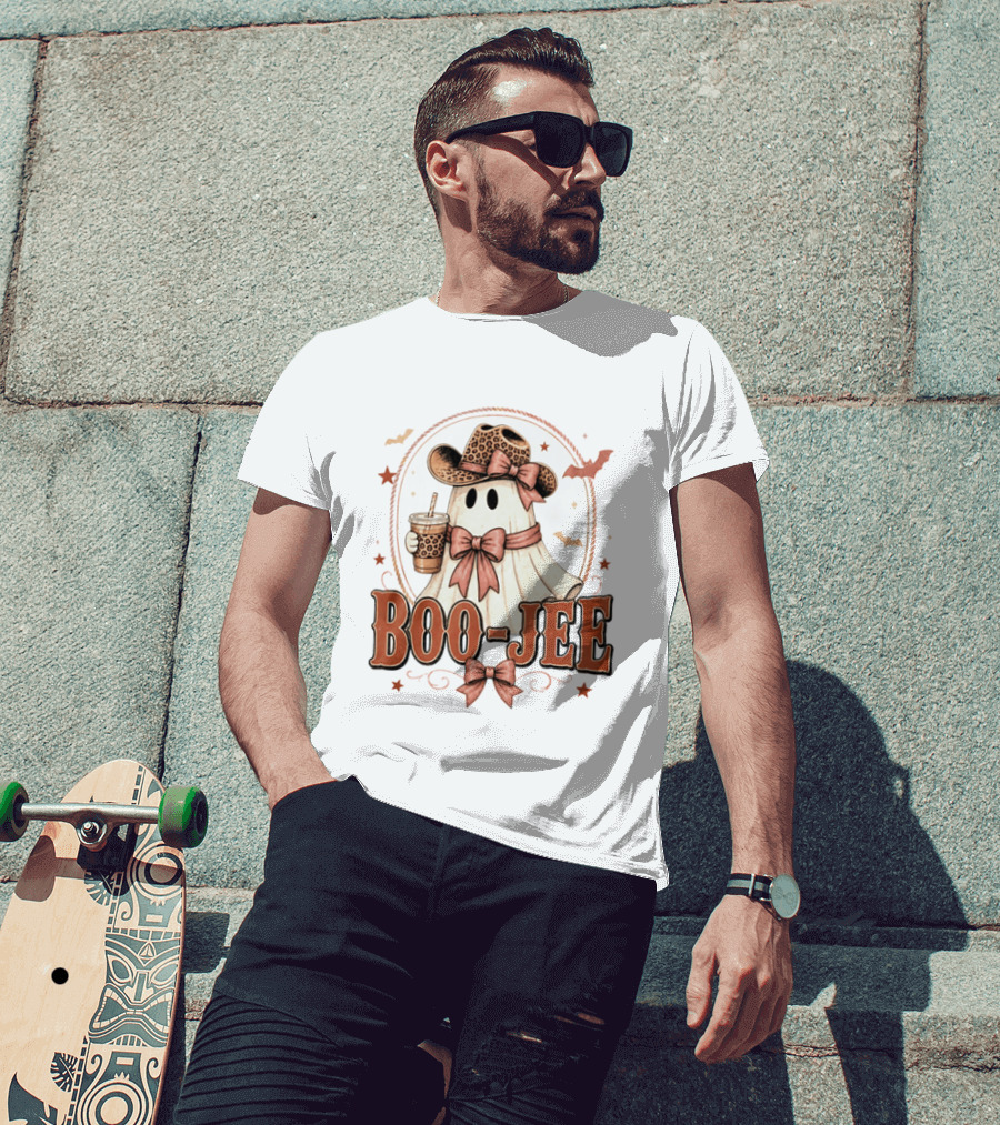 Boo Jee Leopard Cowboy Ghost Iced Coffee Halloween T-Shirt