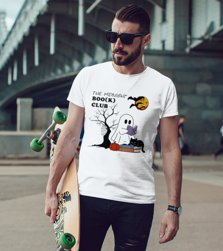 The Midnight Boo(k) Club Halloween Ghost Cat Pumpkin Moon T-Shirt