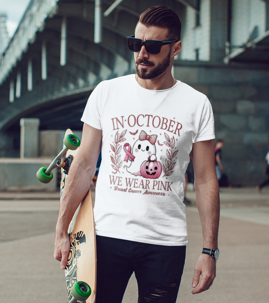 In October We Wear Pink Breast Cancer Awareness Ghost Bow Ribbon Pumpkin T-Shirt