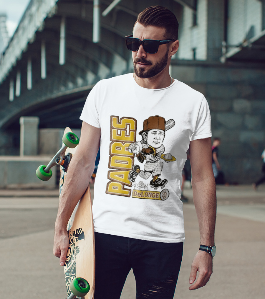 San Diego Padres DeLonge Cartoon Caricature Batter With Orbit Baseball T-Shirt