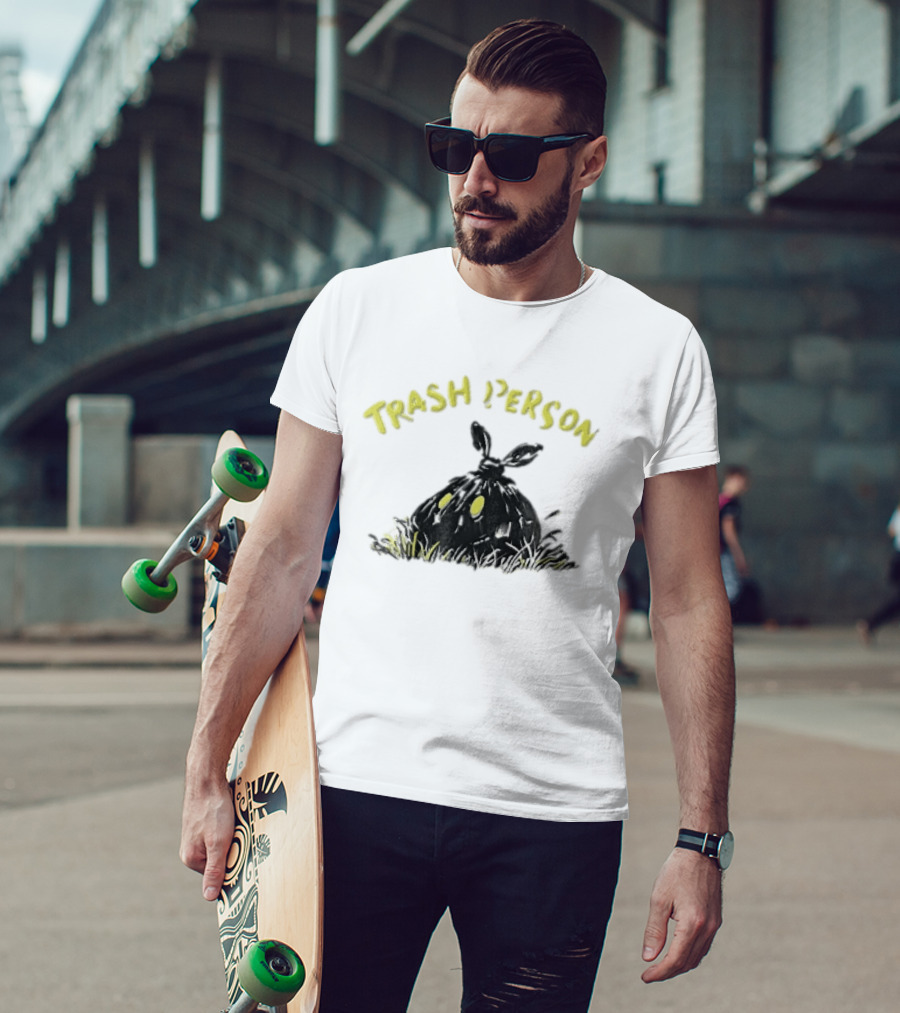 Trash Person Black Bag Creature Glowing Yellow Eyes Grass Monster T-Shirt
