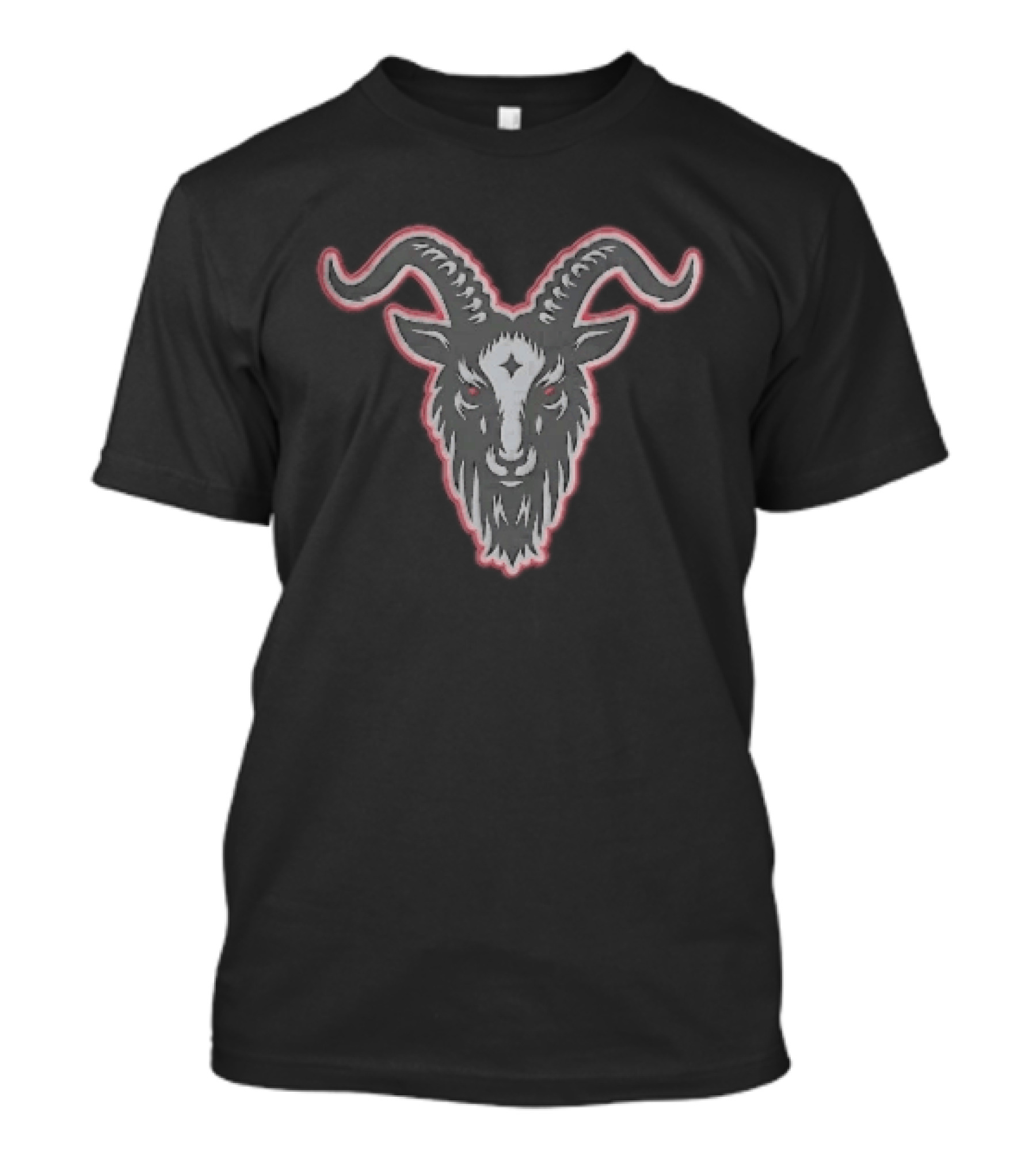 Black Goat Head Curved Horns Glowing Red Eyes Forehead Star Grey Beard Contour T-Shirt